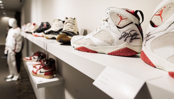 epa10350673 A variety of Air Jordan sneakers on display for an online auction ending this week entitled &#039;The Greats&#039; put on by the new &#039;Sneakers, Streetwear and Collectibles&#039; depar ...