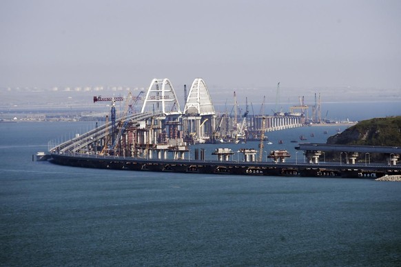 A view of the new bridge across the Kerch Strait linking Russia&#039;s Taman Peninsula with Crimea, after regular traffic began, in Kerch, Crimea, Wednesday, May 16, 2018. The 19-kilometer (11.8-mile) ...