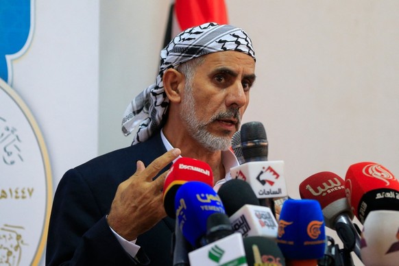 Deputy Prime Minister of yemen&#039;s Huthi-led government Mohammed Muftah addresses a conference in Sanaa on June 22, 2025. Muftah was appointed as interim prime minister after his predecessor Ahmed  ...