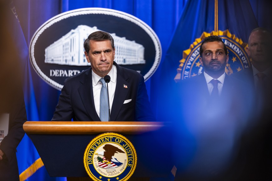 epaselect epa13152146 US Acting Attorney General Todd Blanche (L) and FBI Director Kash Patel (R) speak to reporters about enforcement efforts against Cartel Jalisco Nueva Generacion at the Justice De ...