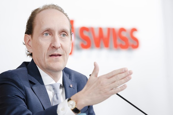 Swiss International Air Lines CEO Dieter Vranckx attends a press conference announcing the airlines&#039;s 2021 full year results in Zurich Kloten, Switzerland, on Thursday. March 3, 2022. (KEYSTONE/M ...