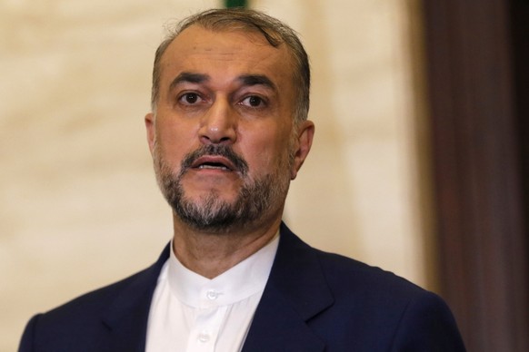 epa11265919 Iranian Foreign Minister Hossein Amir-Abdollahian attends a press conference following a meeting with Syrian Foreign Minister Faisal Mekdad in Damascus, Syria, 08 April 2024. Iran&#039;s f ...