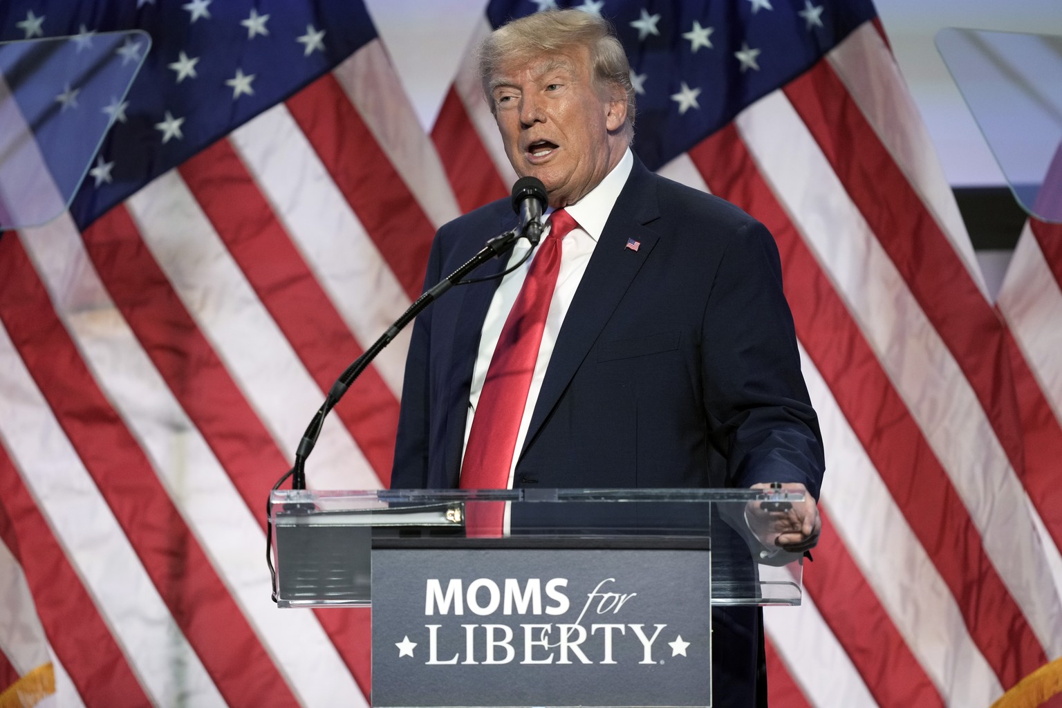 Former President Donald Trump speaks at the Moms for Liberty meeting in Philadelphia, Friday, June 30, 2023. (AP Photo/Matt Rourke)
Donald Trump