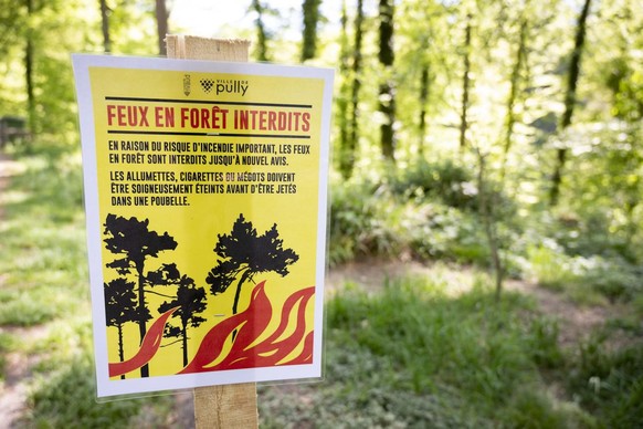 Un panneau indiquant qu'il est interdit de faire des feux en forêt est photographique le 23 avril 2020 à Pully.