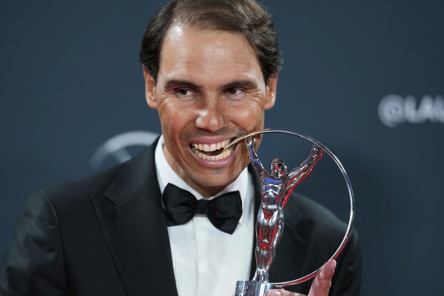 Rafael Nadal celebrates after receiving the Laureus Sporting Icon award, during the 2025 Laureus World Sports Awards ceremony in Madrid, Spain, Monday, April 21, 2025. (AP Photo/Manu Fernandez)