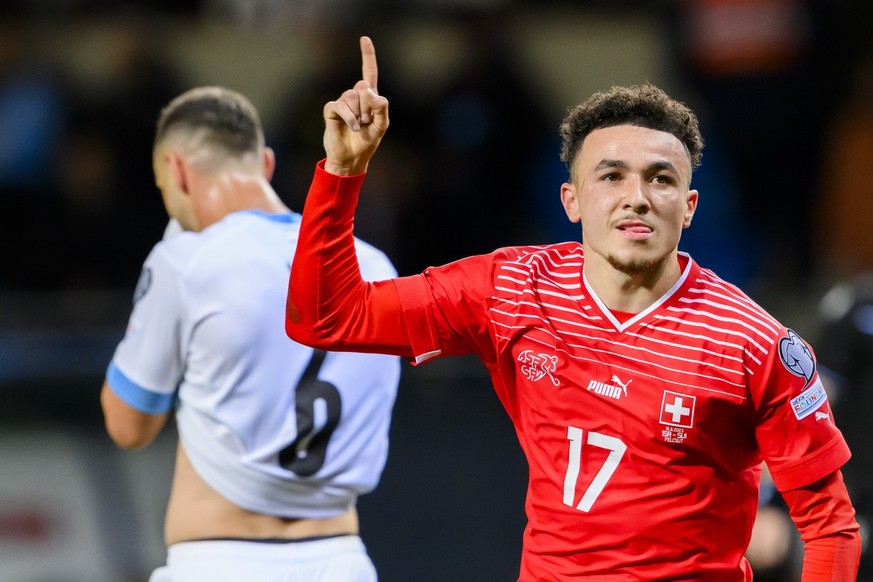 Switzerland&#039;s midfielder Ruben Vargas celebrates after scoring the first goal during the UEFA Euro 2024 qualifying group I soccer match between Israel and Switzerland at Pancho Arena in Felcsut,  ...