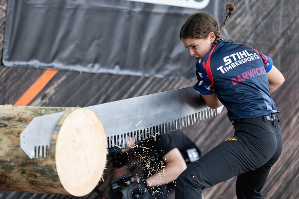French timbersports player Julia Barwicki competes during the Ladies Cup on the sidelines of the Timbersports French Championship, in Sarrebourg, eastern France, on August 3, 2025. (Photo by ROMEO BOE ...