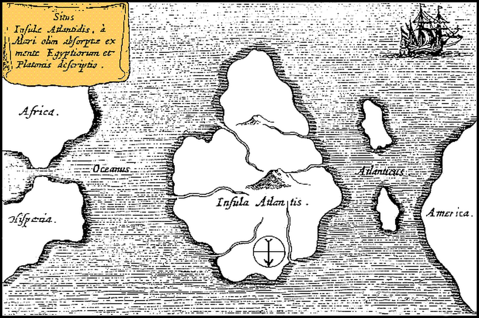 Gesüdete Kartendarstellung von Atlantis aus Athanasius Kirchers Mundus Subterraneus von 1665 (Lage der Insel Atlantis, die einst vom Meer verschlungen wurde, nach der Vorstellung der Ägypter und der B ...