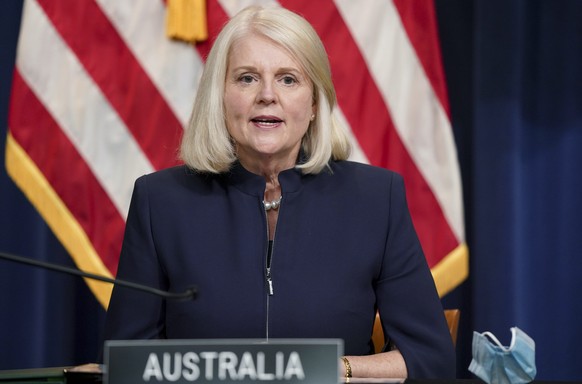 Australian Minister for Home Affairs Karen Andrews speaks during an event with Attorney General Merrick Garland to enter into a new law enforcement partnership at the U.S. Department of Justice in Was ...