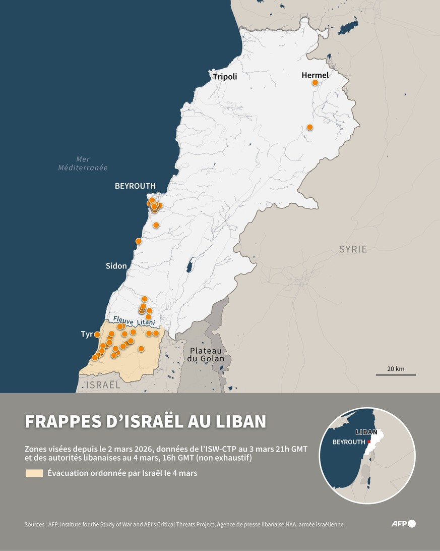 Infographie avec une carte du Liban montrant les zones bombardées par Israël depuis le 2 mars 2026, avec des données non exhaustives de lISW-CTP au 3 mars à 21h GMT et des autorités libanaises au 4 m ...