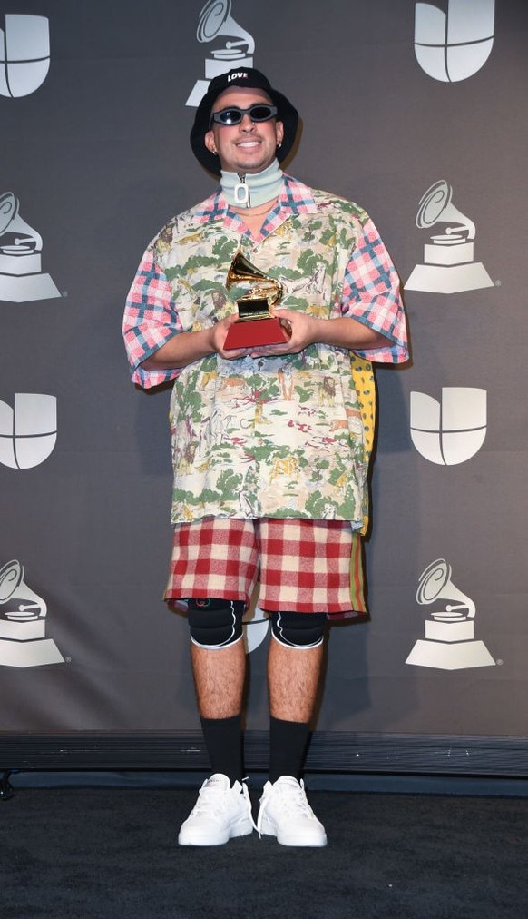 LAS VEGAS, NEVADA - NOVEMBER 14: Bad Bunny, winner Best Urban Music Album, poses in the press room during the 20th Annual Latin Grammy Awards at the MGM Grand Garden Arena on November 14, 2019 in Las  ...