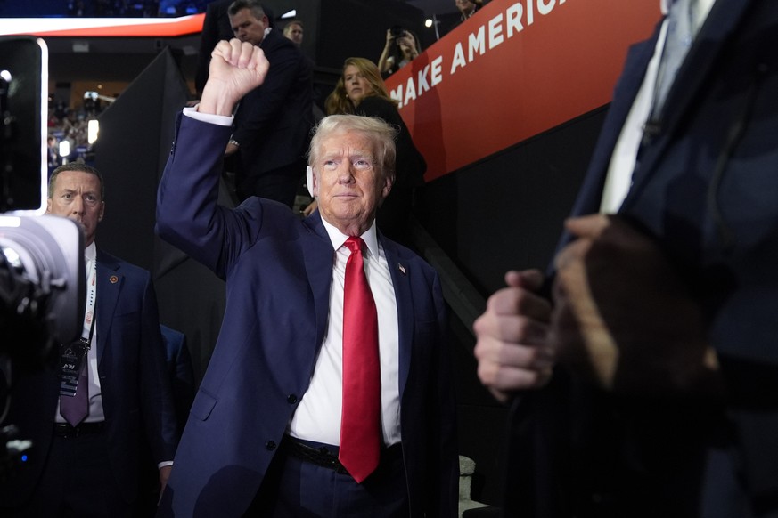 Republican presidential candidate former President Donald Trump arrives on the first day of the Republican National Convention, Monday, July 15, 2024, in Milwaukee. (AP Photo/Evan Vucci)