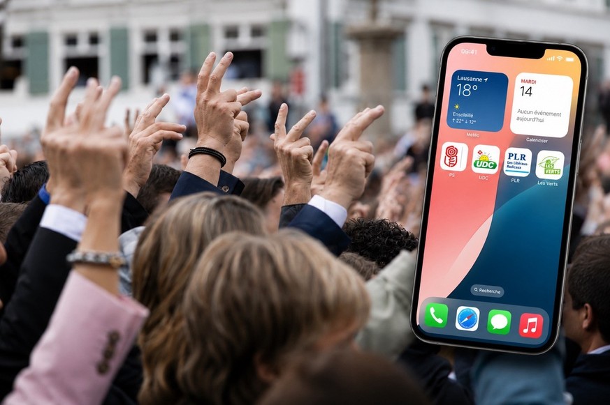 Assemblée cantonale d'Appenzell - Vote à main levée, dimanche, 28 avril 2024. Une image d'un écran de smartphone montre les logos des applications des partis politiques qui pourraient bientô ...