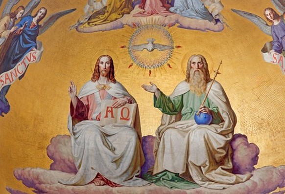 Sainte Trinité. Détail de la fresque de la scène de l'apocalypse du 19ème siècle dans l'abside principale de l'église Altlerchenfelder à Vienne.