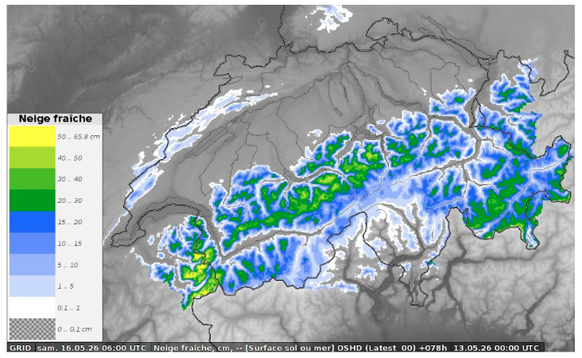 Cumuls de neige fraîche prévus en 72h, entre mercredi 13 mai et samedi 16 mai, 7h (Modèle OSHD - ICON MétéoSuisse/SLF)