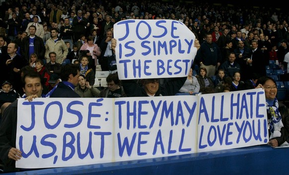 Chelsea fans hold banners in support of the suspended trainer Jose Mourinho before the start of the Champions League quarter final soccer match between Chelsea and Bayern Munich, Wednesday 06 April 20 ...