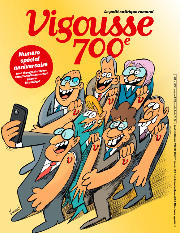 La Une du magazine satirique Vigousse. L'hebdomadaire fête sa 700e publication.