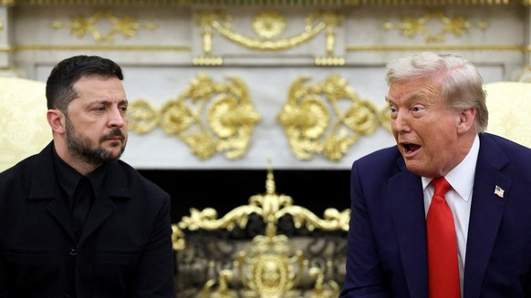 U.S. President Donald Trump and Ukrainian President Volodymyr Zelenskiy meet at the Oval Office of the White House, amid negotiations to end the Russian war in Ukraine, in Washington, D.C., U.S., Augu ...