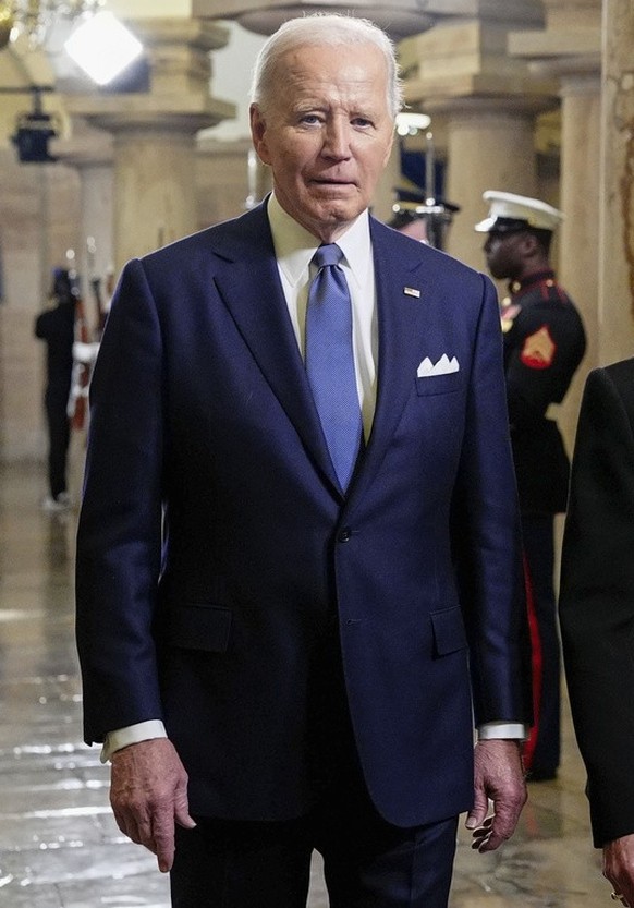 President Joe Biden and Vice President Kamala Harris arrive before the 60th Presidential Inauguration in the Rotunda of the U.S. Capitol in Washington, Monday, Jan. 20, 2025. (Melina Mara/The Washingt ...