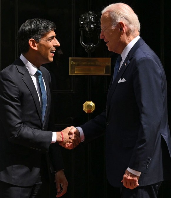 LONDON, ENGLAND - JULY 10: British Prime Minister Rishi Sunak welcomes US President Joe Biden at 10 Downing Street on July 10, 2023 in London, England. The President is visiting the UK to further stre ...