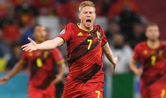 epa09318900 Kevin De Bruyne of Belgium reacts during the UEFA EURO 2020 quarter final match between Belgium and Italy in Munich, Germany, 02 July 2021. EPA/Andreas Gebert / POOL (RESTRICTIONS: For edi ...