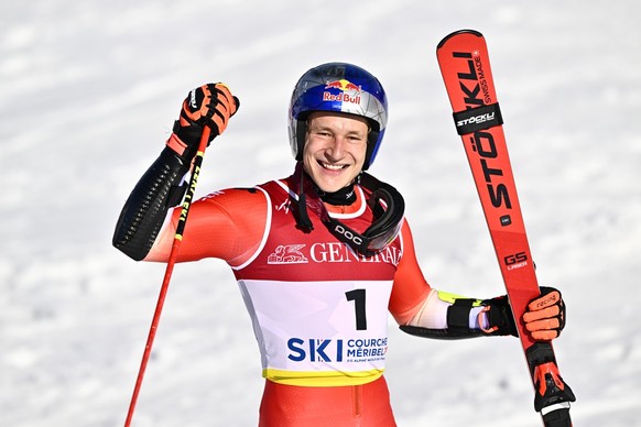 Marco Odermatt of Switzerland reacts after winning the men&#039;s giant slalom race at the 2023 FIS Alpine Skiing World Championships in Courchevel/Meribel, France, Friday, February 17, 2023. (KEYSTON ...
