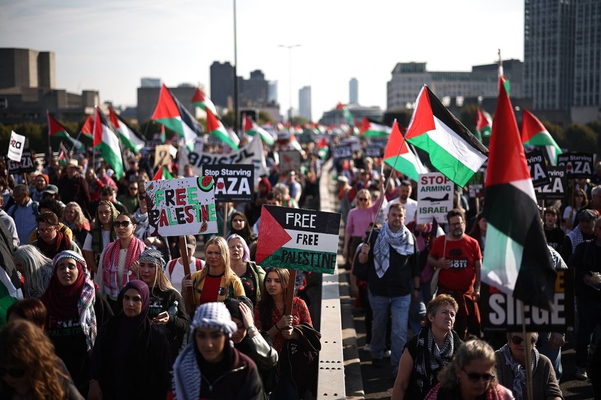 Pro-Palestinian supporters hold placards and wave flags in central London, on October 11, 2025, as they take part in the 32nd &#039;National March for Palestine&#039; since october 2023, organised by  ...