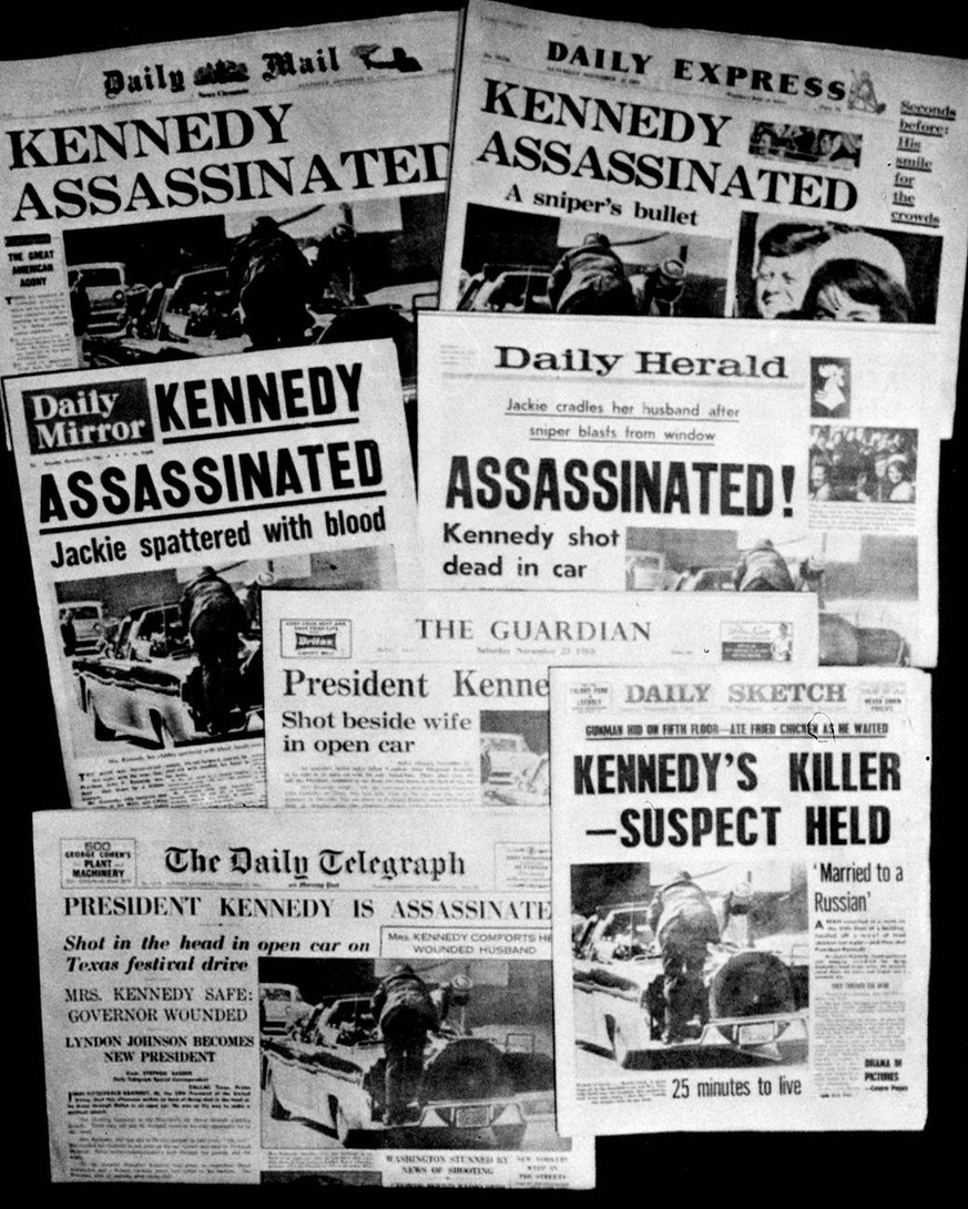 This Friday, Nov. 22, 1963 file photo shows the front pages of seven British national daily newspapers in London headlining the assassination of U.S. President John F. Kennedy. Friday, Nov. 22, 2013 m ...