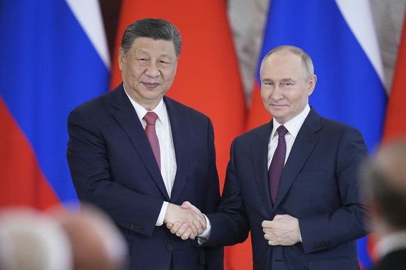 FILE - Russian President Vladimir Putin, right, and Chinese President Xi Jinpin shake hands at the Kremlin in Moscow, Russia, May 8, 2025. (AP Photo/Pavel Bednyakov, File)
Russia US Space
