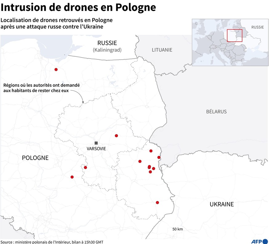 Carte localisant les drones retrouvés en Pologne après une attaque russe contre l&#039;Ukraine.