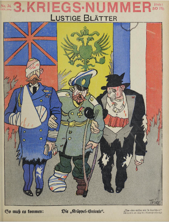 Le Canard boiteux, un magazine satirique de langue allemande montre l'ennemi comme faible et blessé pendant la Première Guerre mondiale.