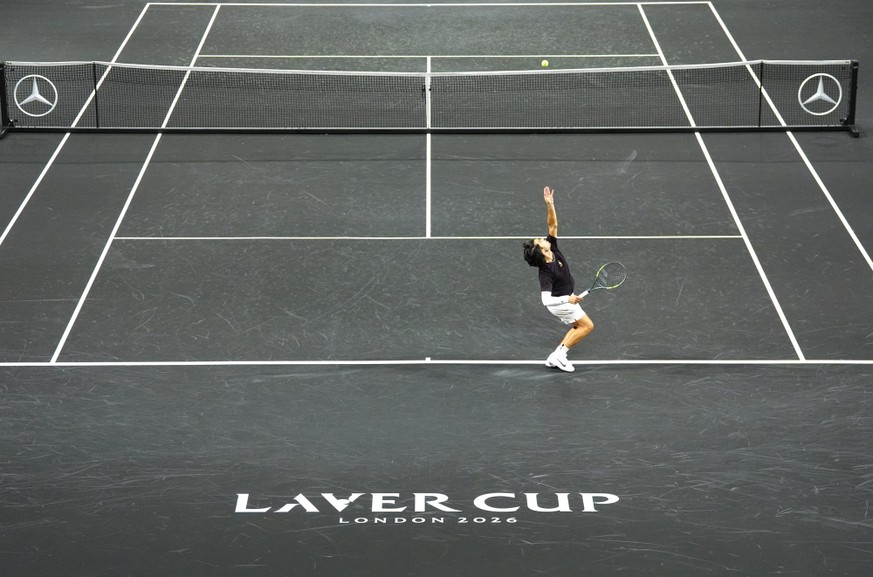 A general view of Team Europe's Carlos Alcaraz as he plays a shot during a practice session ahead of the Laver Cup tennis tournament at The O2, in London, Thursday, Sept. 24, 2026. (Adam Davy/PA  ...
