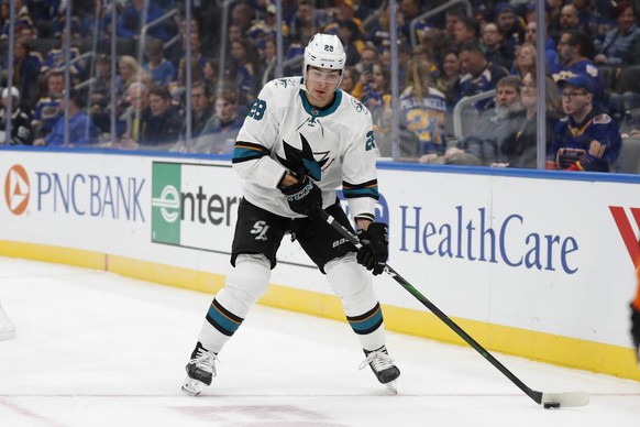 San Jose Sharks&#039; Timo Meier, of Switzerland, handles the puck during the first period of an NHL hockey game against the St. Louis Blues Tuesday, Jan. 7, 2020, in St. Louis. (AP Photo/Jeff Roberso ...