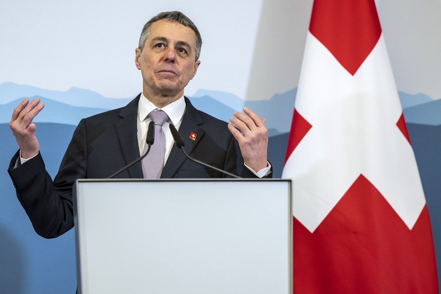 Switzerland&#039;s President and head of the Federal Department of Foreign Affairs Ignazio Cassis, speaks during a press briefing at the Uni Dufour University of Geneva, during an official visit of pr ...