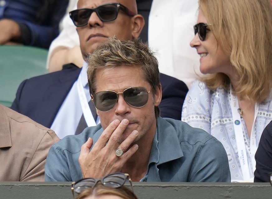 Actor Brad Pitt sits in the stands on Centre Court for the final of the men&#039;s singles between Spain&#039;s Carlos Alcaraz and Serbia&#039;s Novak Djokovic on day fourteen of the Wimbledon tennis  ...