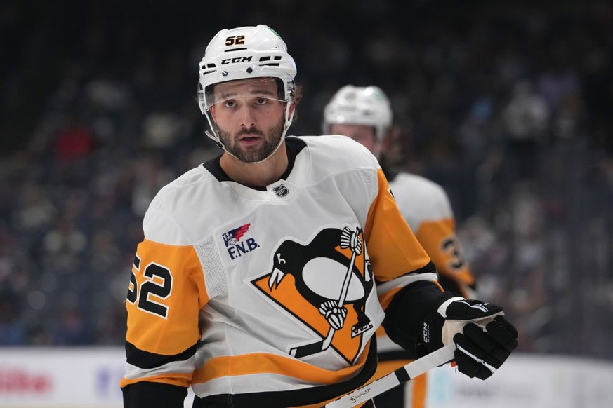 COLUMBUS, OHIO - OCTOBER 03: Emil Bemstrom #52 of the Pittsburgh Penguins seen in action during the preseason game against the Columbus Blue Jackets at Nationwide Arena on October 03, 2024 in Columbus ...