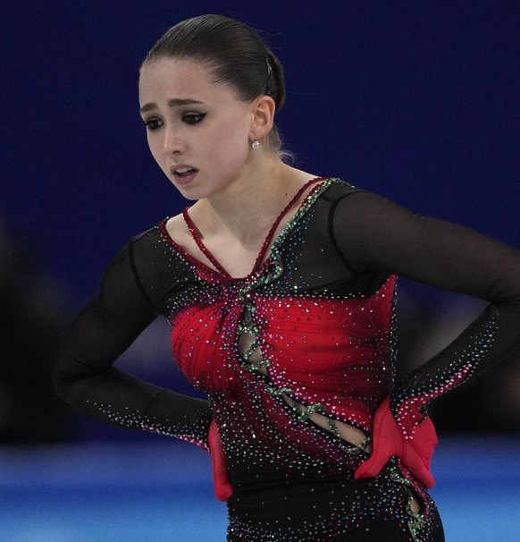 FILE - Kamila Valieva, of the Russian Olympic Committee, reacts after the women&#039;s free skate program during the figure skating competition at the 2022 Winter Olympics, Thursday, Feb. 17, 2022, in ...