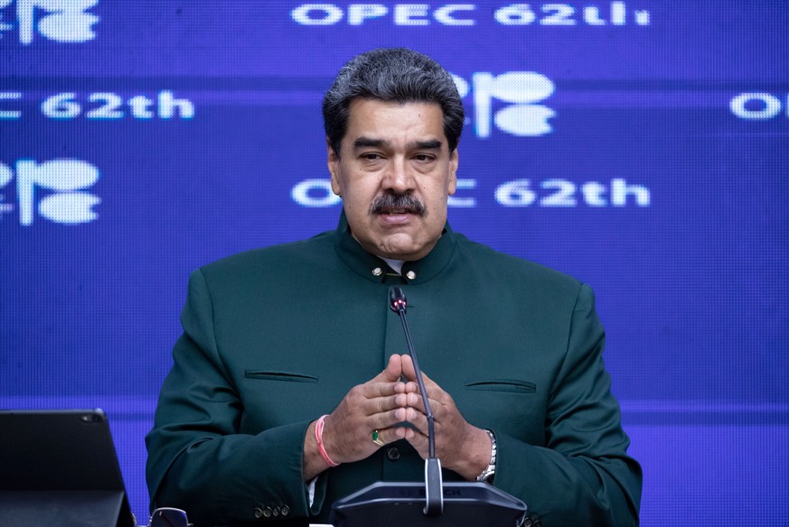 epa10185057 Venezuelan President Nicolas Maduro speaks at a press conference with Haitham al-Ghais (not pictured), the Secretary General of the Organization of Petroleum Exporting Countries (OPEC), at ...
