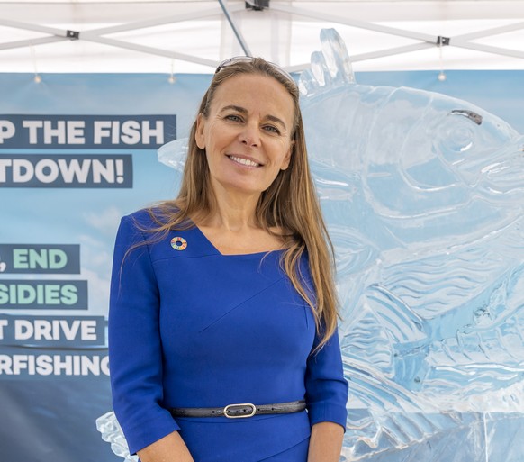 Dona Bertarelli poses during an event on World Ocean Day with Finley the fish, made of ice, on place des Nations before of the World Trade Organization (WTO) Ministerial Conference (MC12) where a deal ...