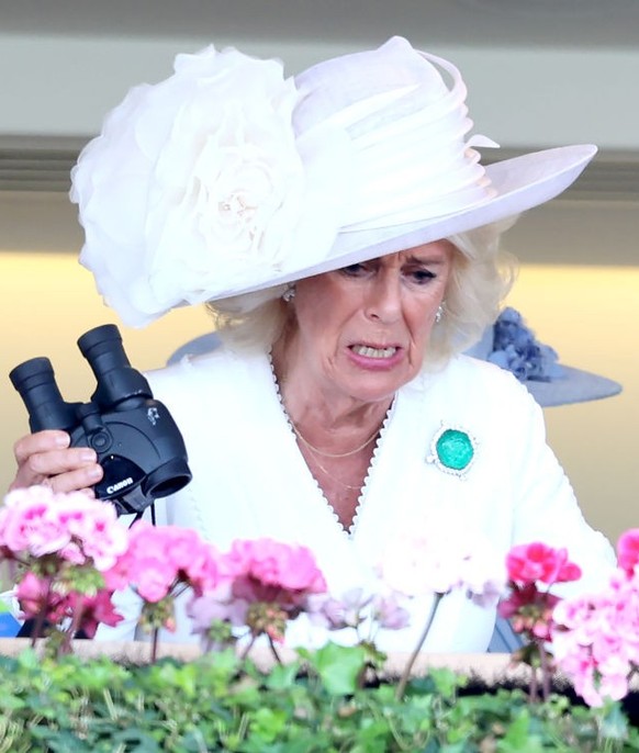 ASCOT, ENGLAND - JUNE 20: Queen Camilla reacts whilst watching her horse race during day three of Royal Ascot 2024 at Ascot Racecourse on June 20, 2024 in Ascot, England. (Photo by Chris Jackson/Getty ...