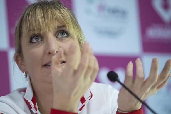 Timea Bacsinszky waehrend der Pressekonferenz vor der Fed-Cup-Begegnung zwischen der Schweiz und Kanada, am Dienstag, 4. Februar 2020, in Biel. Die Schweiz bestreitet das Heimspiel im Fed Cup gegen Ka ...