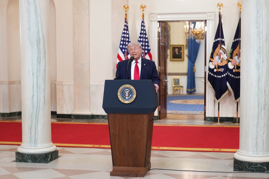 President Donald Trump speaks about the Iran war from the Cross Hall of the White House on Wednesday, April 1, 2026, in Washington. (Doug Mills/The New York Times via AP Pool)