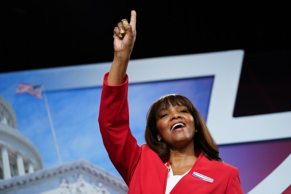 FILE - Kathy Barnette takes part in a forum for Republican candidates for U.S. Senate in Pennsylvania at the Pennsylvania Leadership Conference in Camp Hill, Pa., Saturday, April 2, 2022. Several prom ...