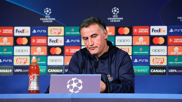 epa10465301 PSG head coach Christophe Galtier attends a press conference at the Parc des Princes stadium in Paris, France, 13 February 2022. PSG will play against FC Bayern Munich on 14 February 2023  ...