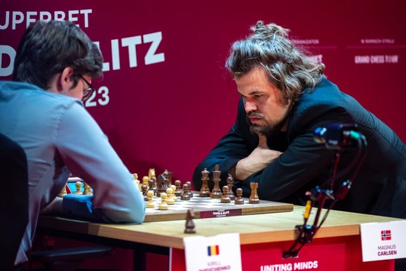 Kirill Shevchenko (L), Magnus Carlsen during Superbet Rapid &amp;amp; Blitz Poland 2023 Chess Tournament Day 3 ,in Warsaw, Poland, on May 23, 2023
NO SALES POLAND (Photo by Andrzej Iwanczuk/NurPhoto v ...