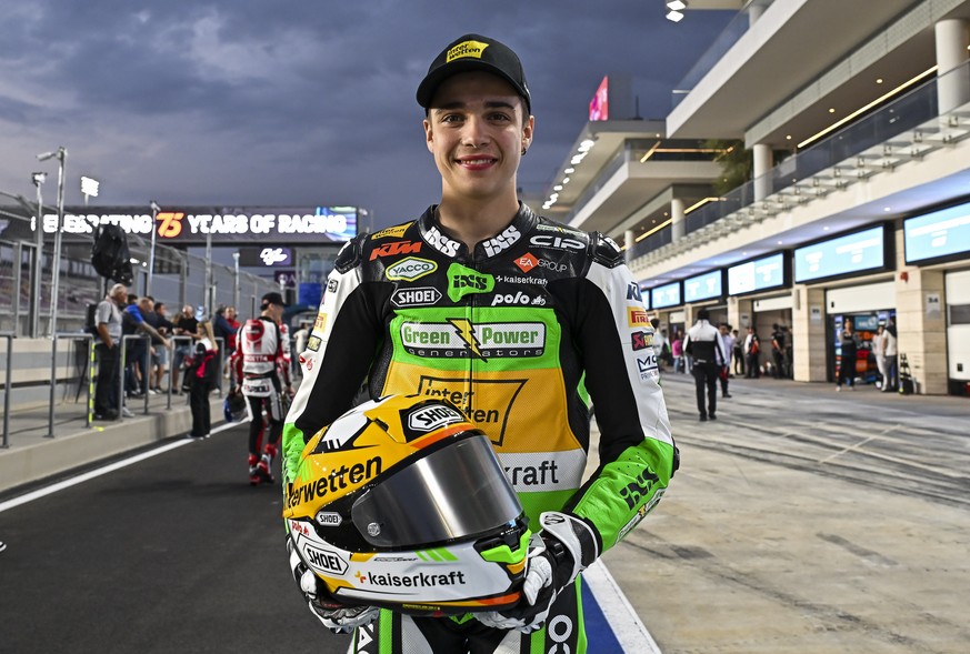 epa11204536 Swiss Moto3 rider Noah Dettwiler of CIP Green Power attends a photo session at the Motorcycling Grand Prix of Qatar at the Losail International Circuit in Doha, Qatar, 07 March 2024. The 2 ...