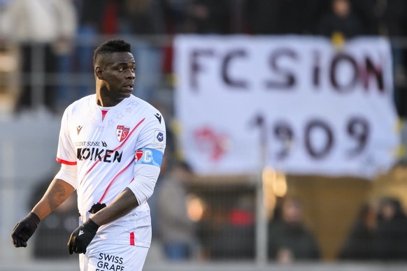 L&#039;attaquant valaisan Mario Balotelli lors de la rencontre du championnat de football de Super League entre le FC Sion et le FC Lugano le dimanche 5 mars 2023 au stade de Tourbillon a Sion. (KEYST ...