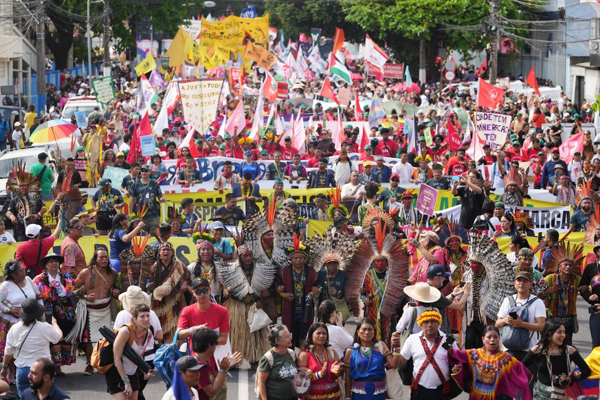 Activists participate in a climate protest during the COP30 U.N. Climate Summit, Saturday, Nov. 15, 2025, in Belem, Brazil. (AP Photo/Andre Penner)
APTOPIX Climate COP30