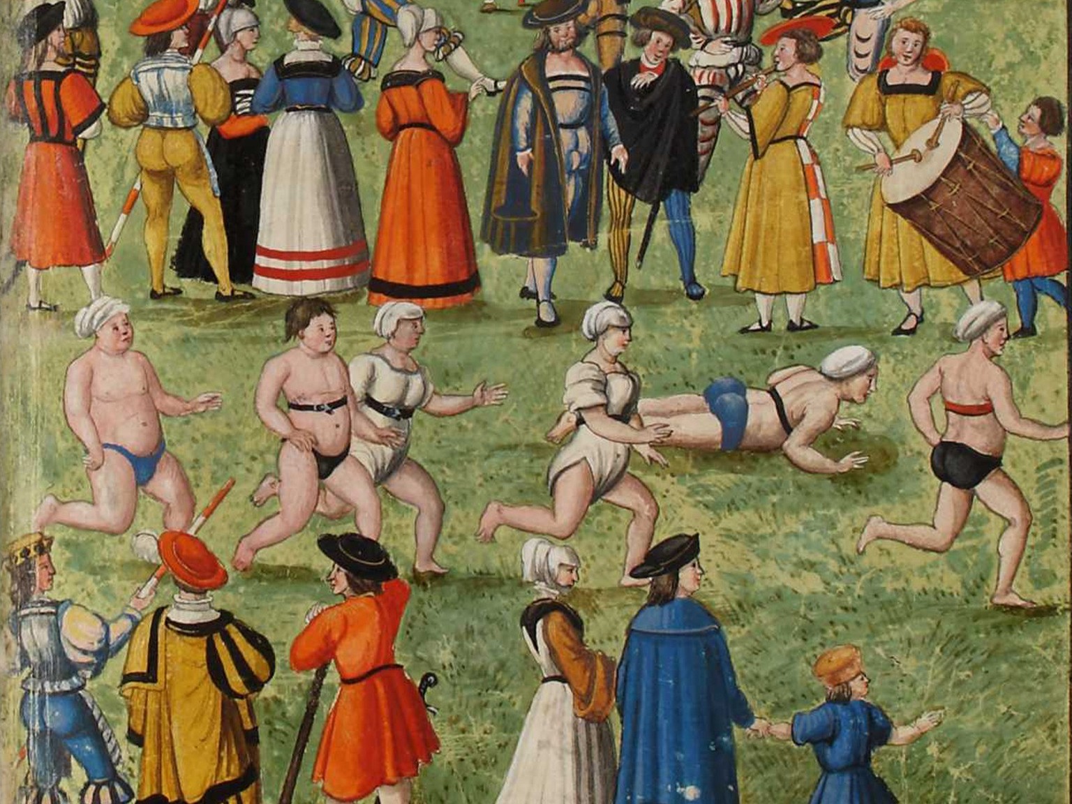 Femmes et hommes lors d’une épreuve de course à pied dans le cadre de la fête de tir d’Augsbourg en 1509, illustration vers 1570.
https://nbn-resolving.org/urn:nbn:de:bvb:29-bv041822029-3#0335