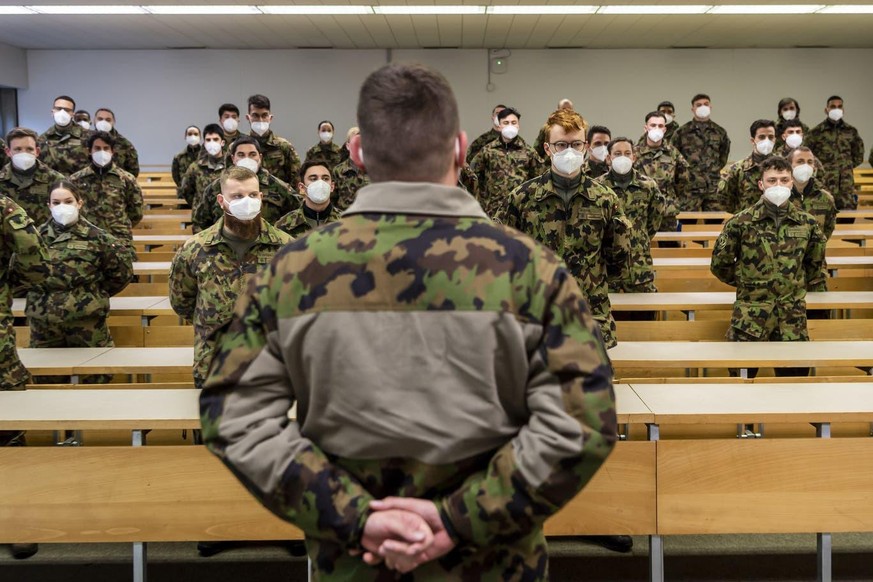Membres du bataillon d'hôpital 2, en décembre 2021, à la caserne de Moudon (VD).